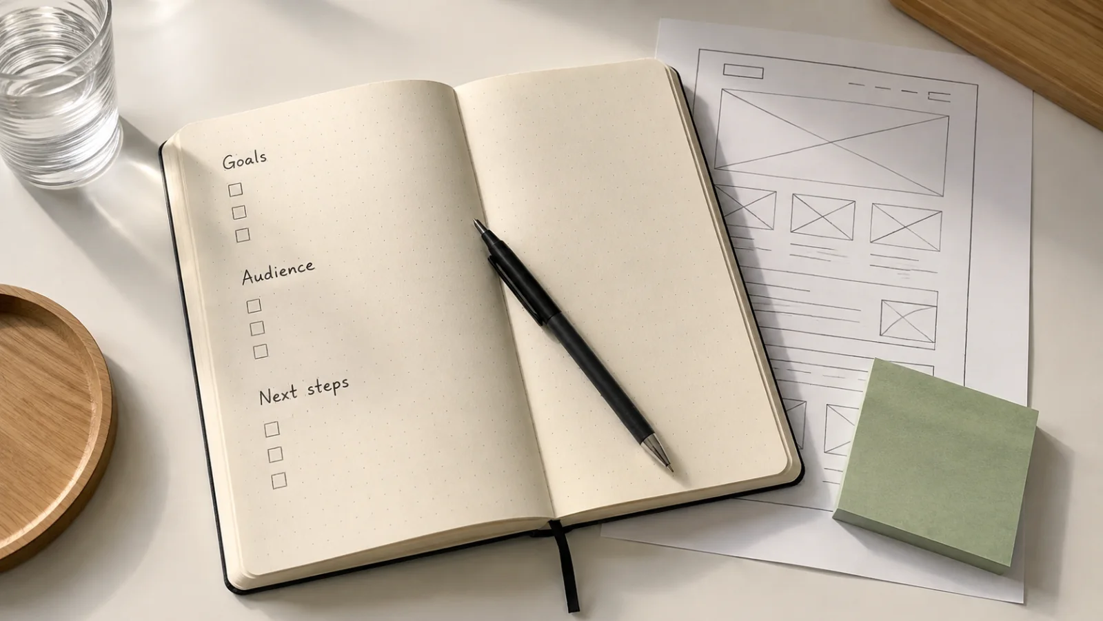 A project brief, interface reference cards and practical planning notes arranged on a desk